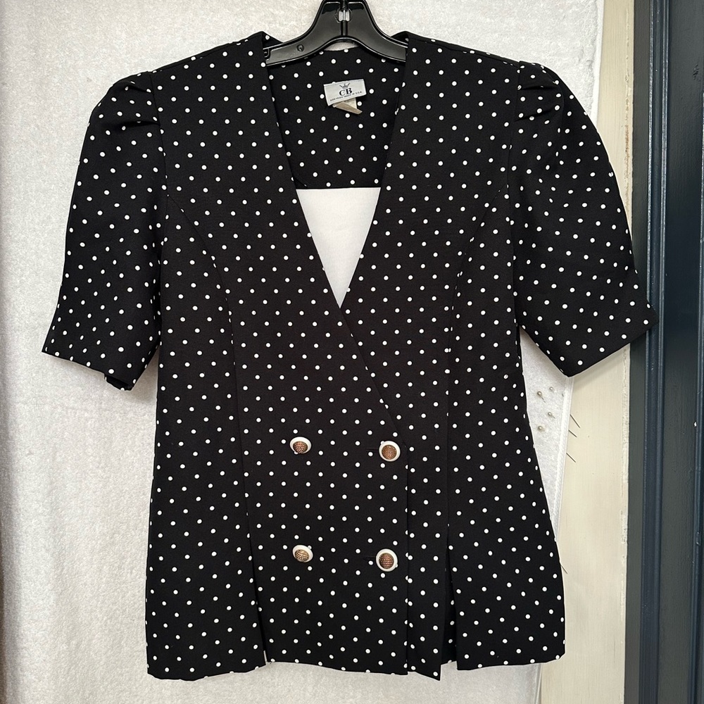 CB new York Black short puff sleeve polka dot gold button blazer vintage Size 10